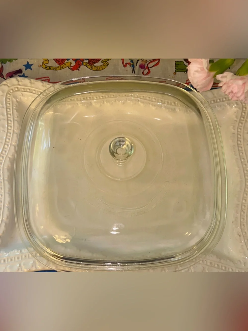 Vintage Corning Ware clear glass lid for a square casserole dish marked A-12-C